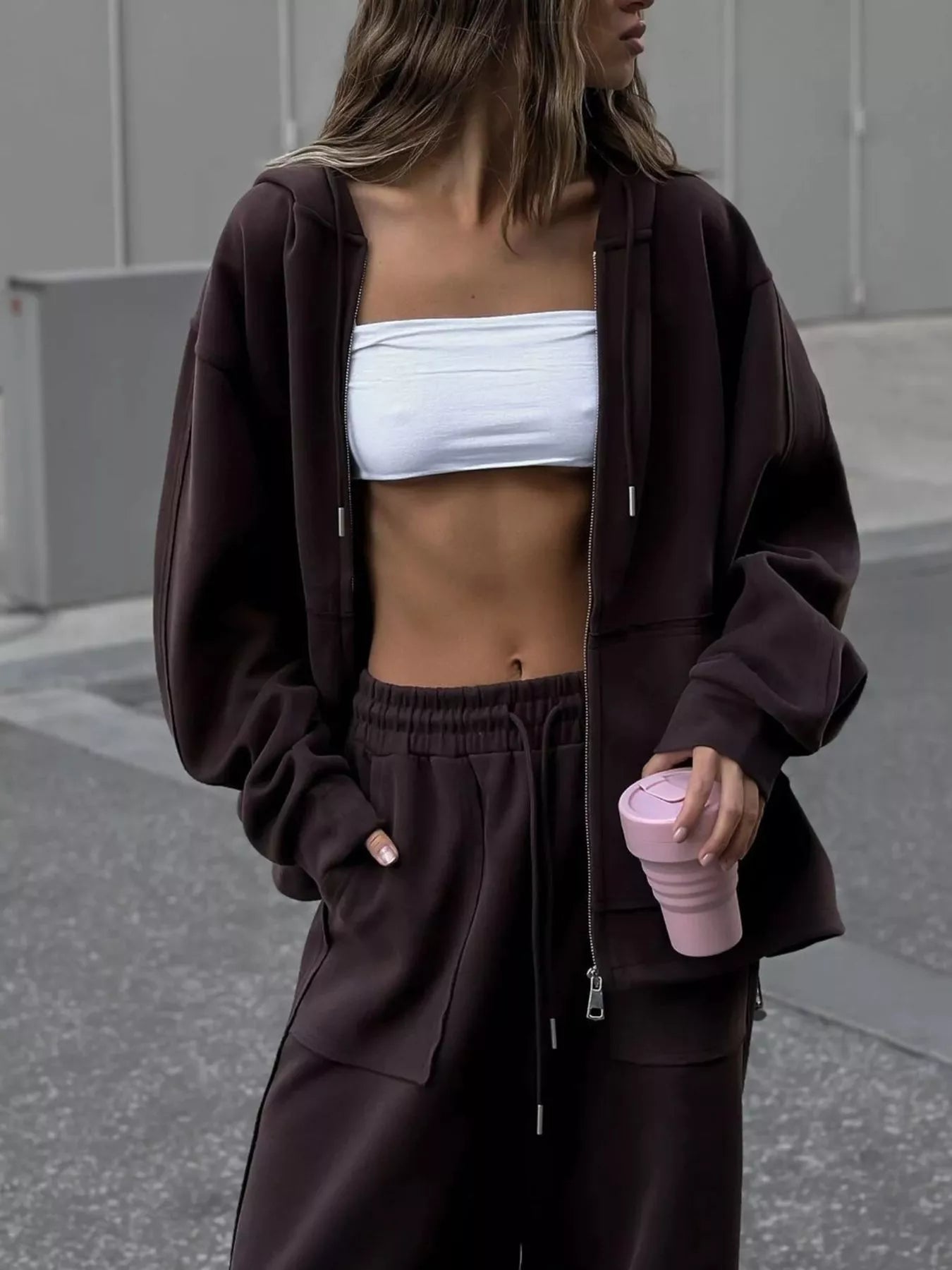 Oversized Zip-Up Hoodie and Wide-Leg Pants Set Brown / S