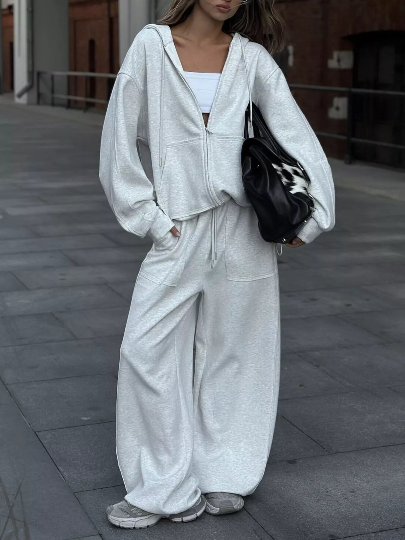 Oversized Zip-Up Hoodie and Wide-Leg Pants Set Light Gray / S