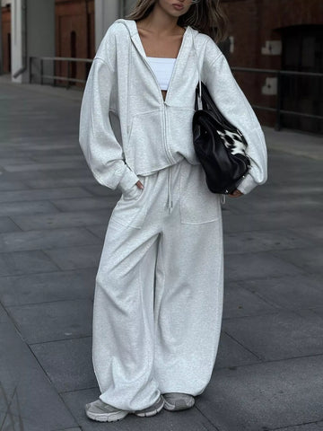 Oversized Zip-Up Hoodie and Wide-Leg Pants Set Light Gray / S