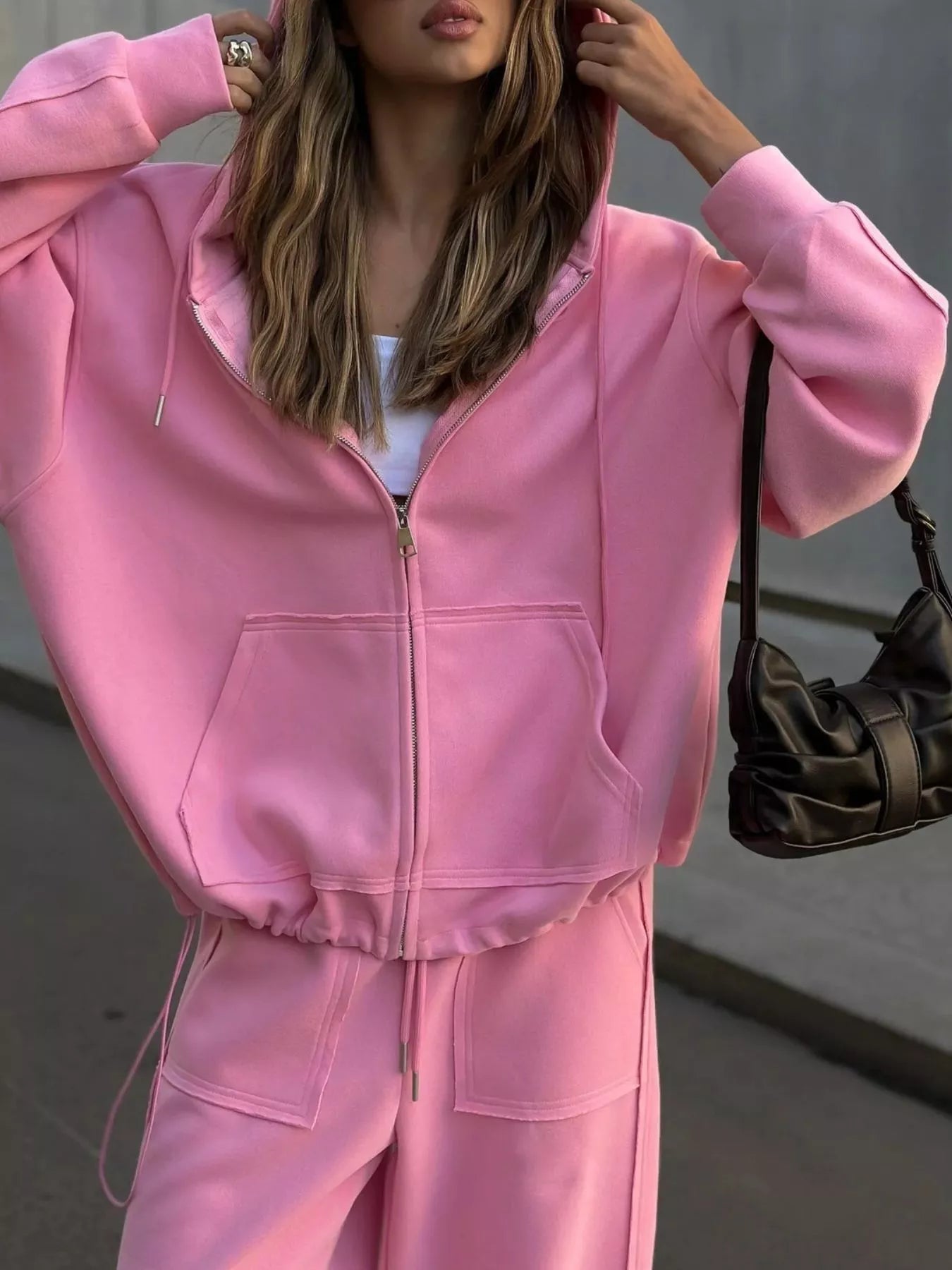 Oversized Zip-Up Hoodie and Wide-Leg Pants Set Pink / S