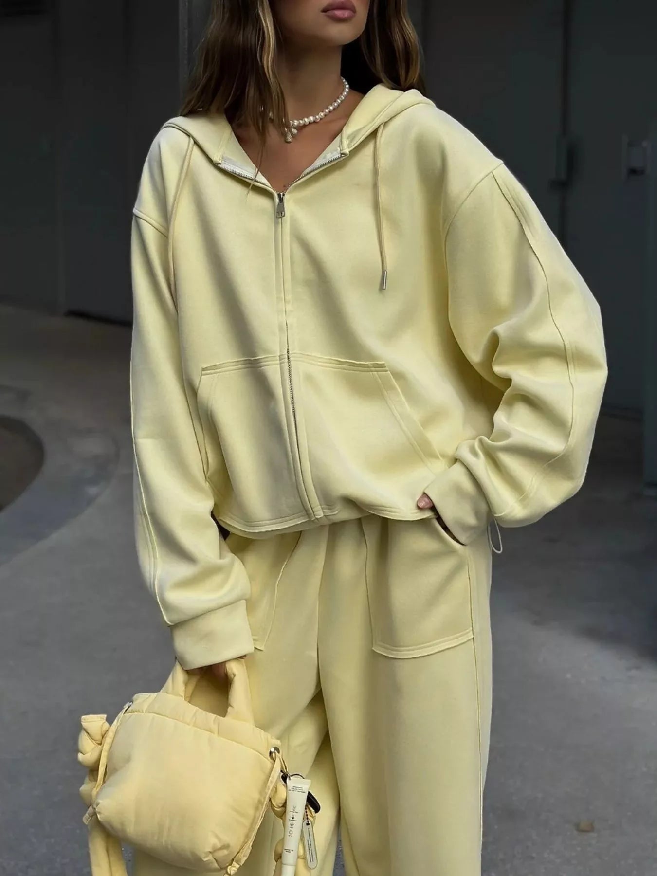 Oversized Zip-Up Hoodie and Wide-Leg Pants Set Yellow / S