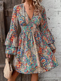 Paisley V-Neck Bell-Sleeve Mini Dress