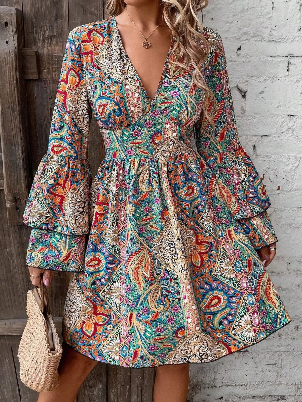 Paisley V-Neck Bell-Sleeve Mini Dress