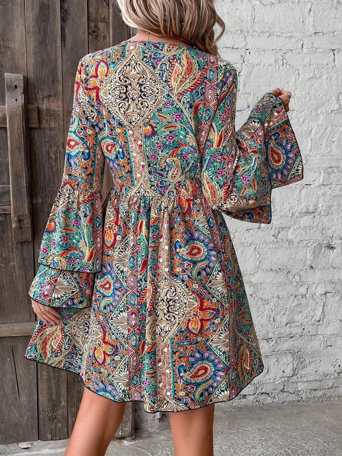 Paisley V-Neck Bell-Sleeve Mini Dress