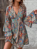 Paisley V-Neck Bell-Sleeve Mini Dress