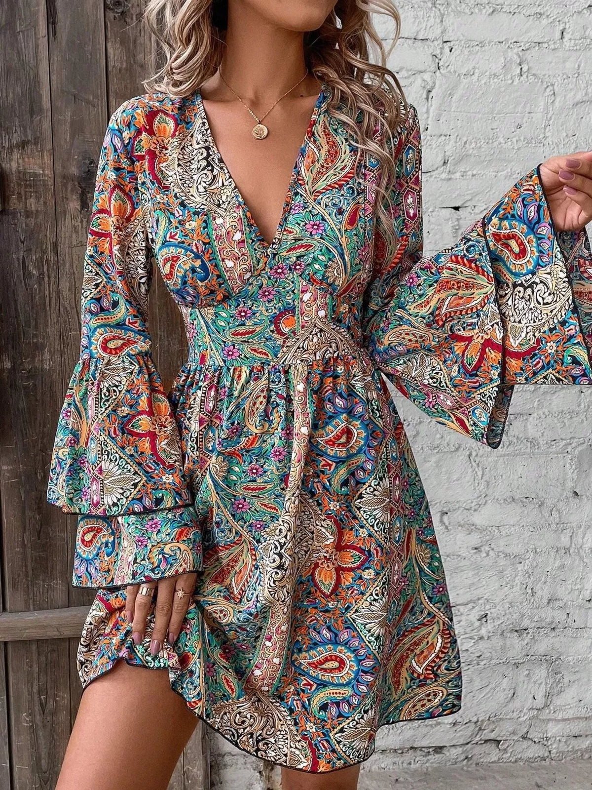 Paisley V-Neck Bell-Sleeve Mini Dress