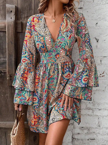 Paisley V-Neck Bell-Sleeve Mini Dress multicolor / S