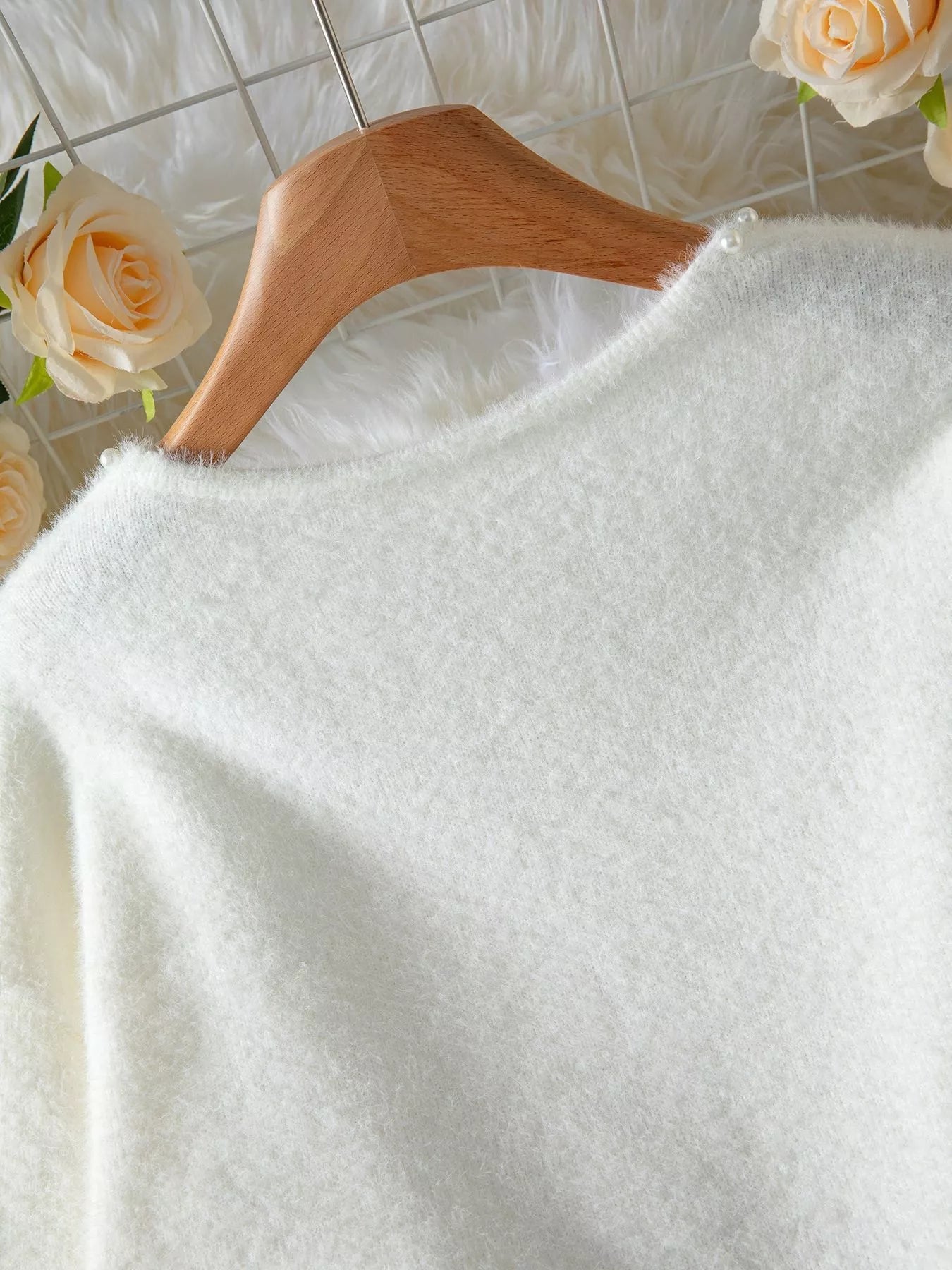 Pearl Trim Fuzzy Knit Cardigan