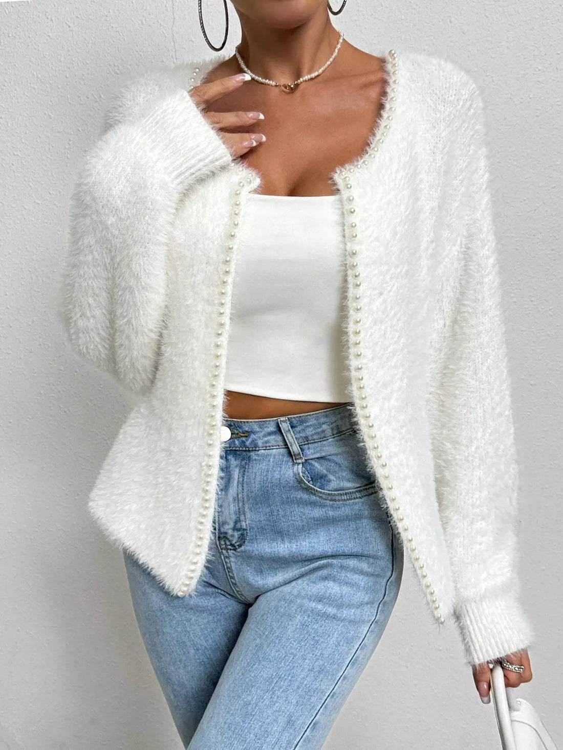 Pearl Trim Fuzzy Knit Cardigan White / S