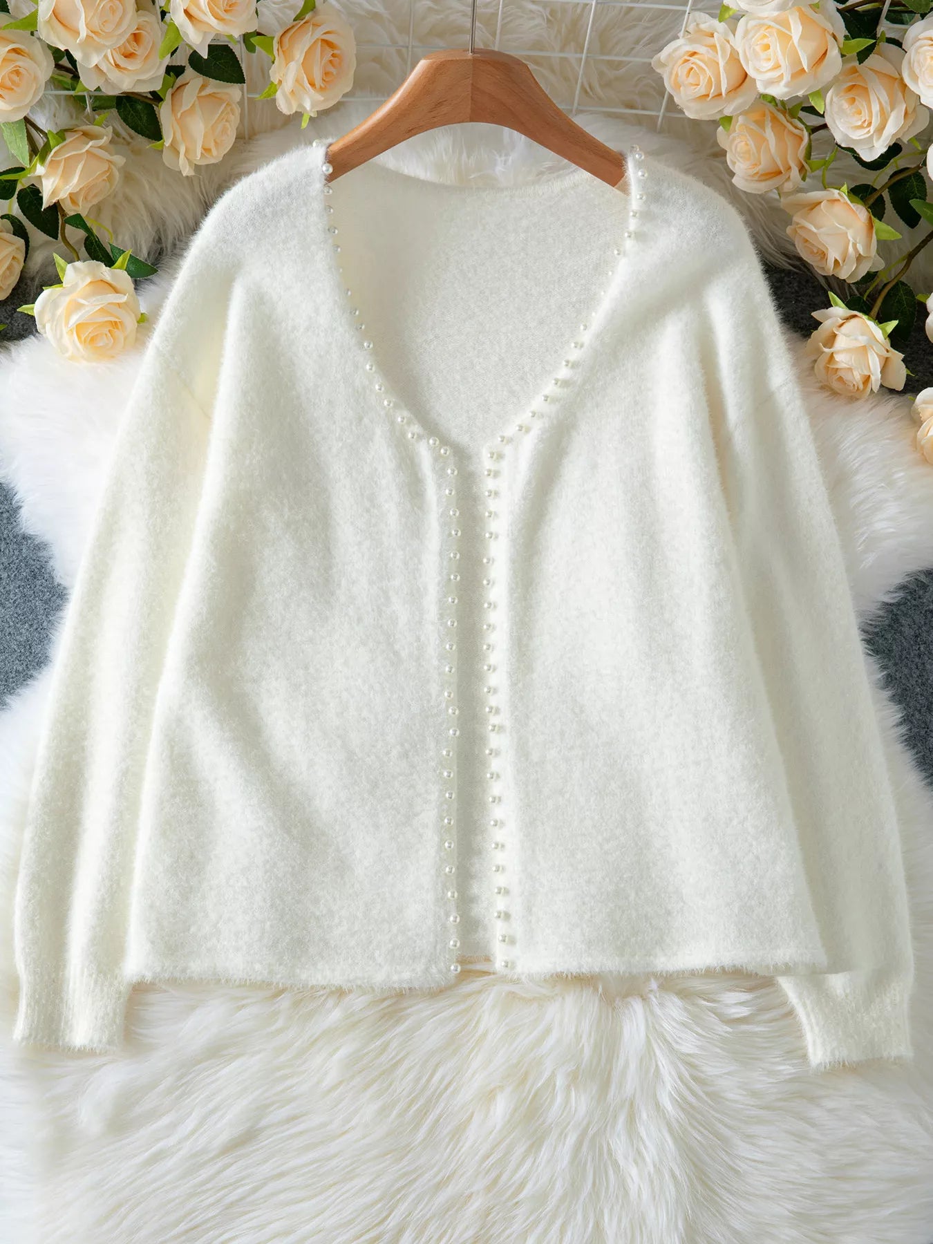 Pearl Trim Fuzzy Knit Cardigan