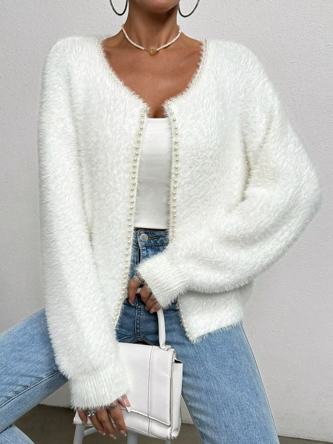 Pearl Trim Fuzzy Knit Cardigan White / S
