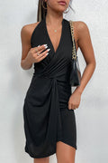 Perfee Asymmetrical Ribbed Ruched Halter Neck Dress Black / S