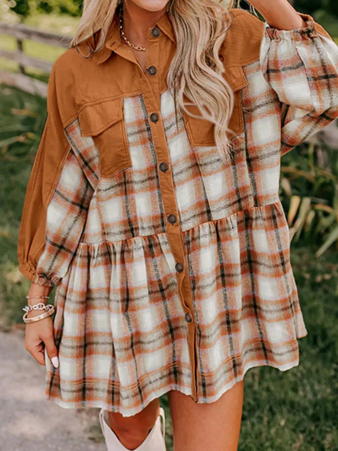 Plaid Button Front Mini Dress Caramel / S