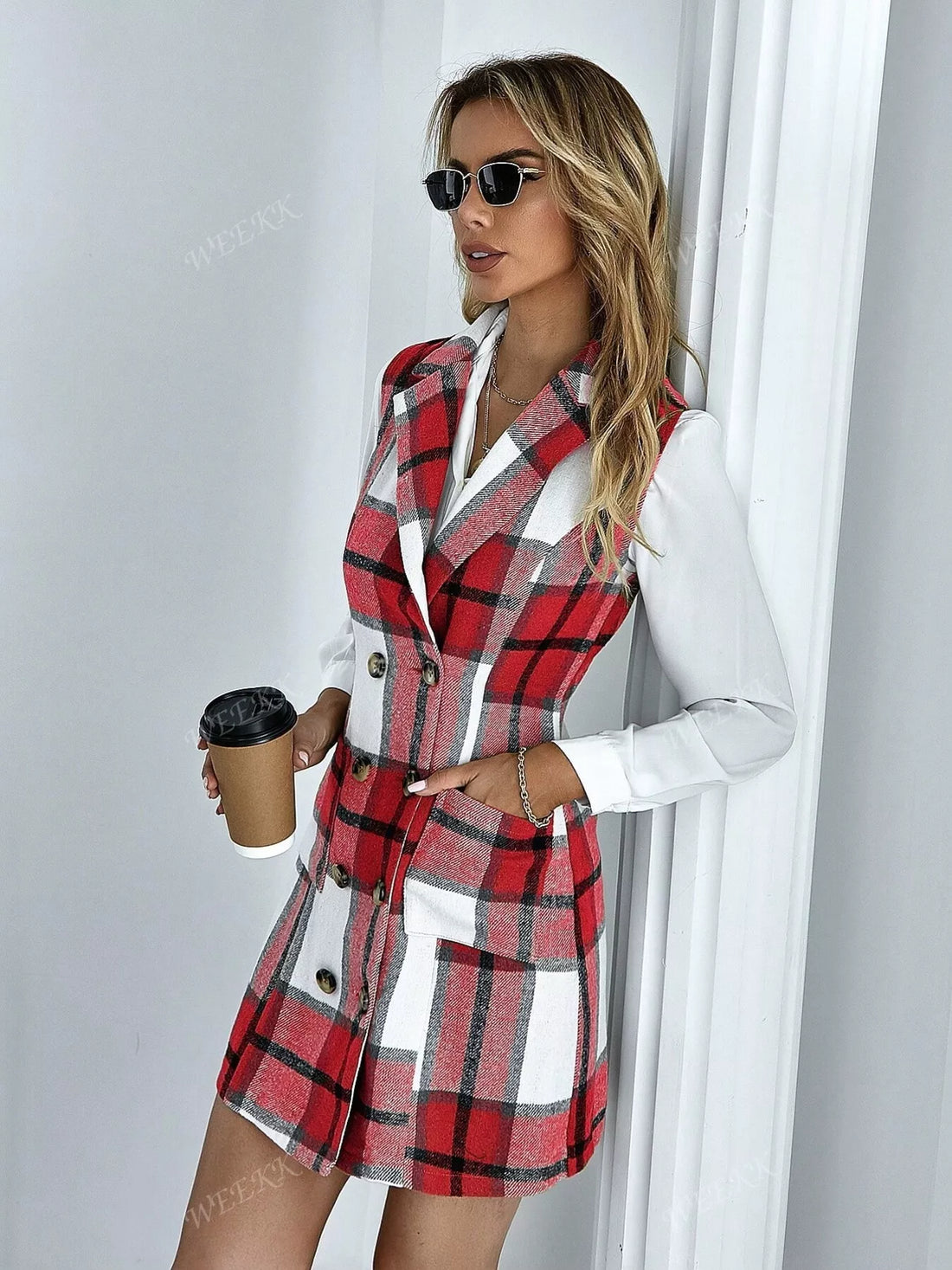 Plaid Double-Breasted Sleeveless Blazer Dress Red / S