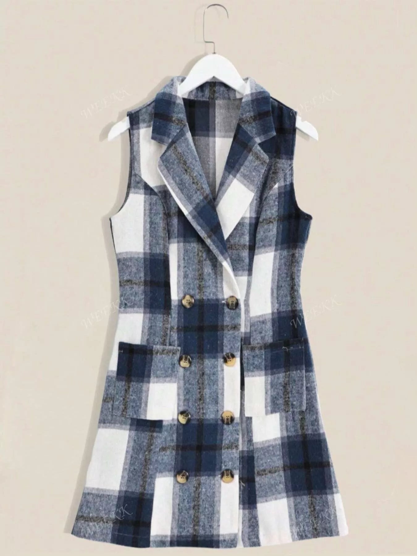 Plaid Double-Breasted Sleeveless Blazer Dress