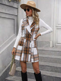 Plaid Double-Breasted Sleeveless Blazer Dress Brown / S