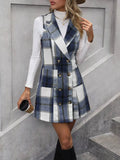 Plaid Double-Breasted Sleeveless Blazer Dress Dark Blue / S