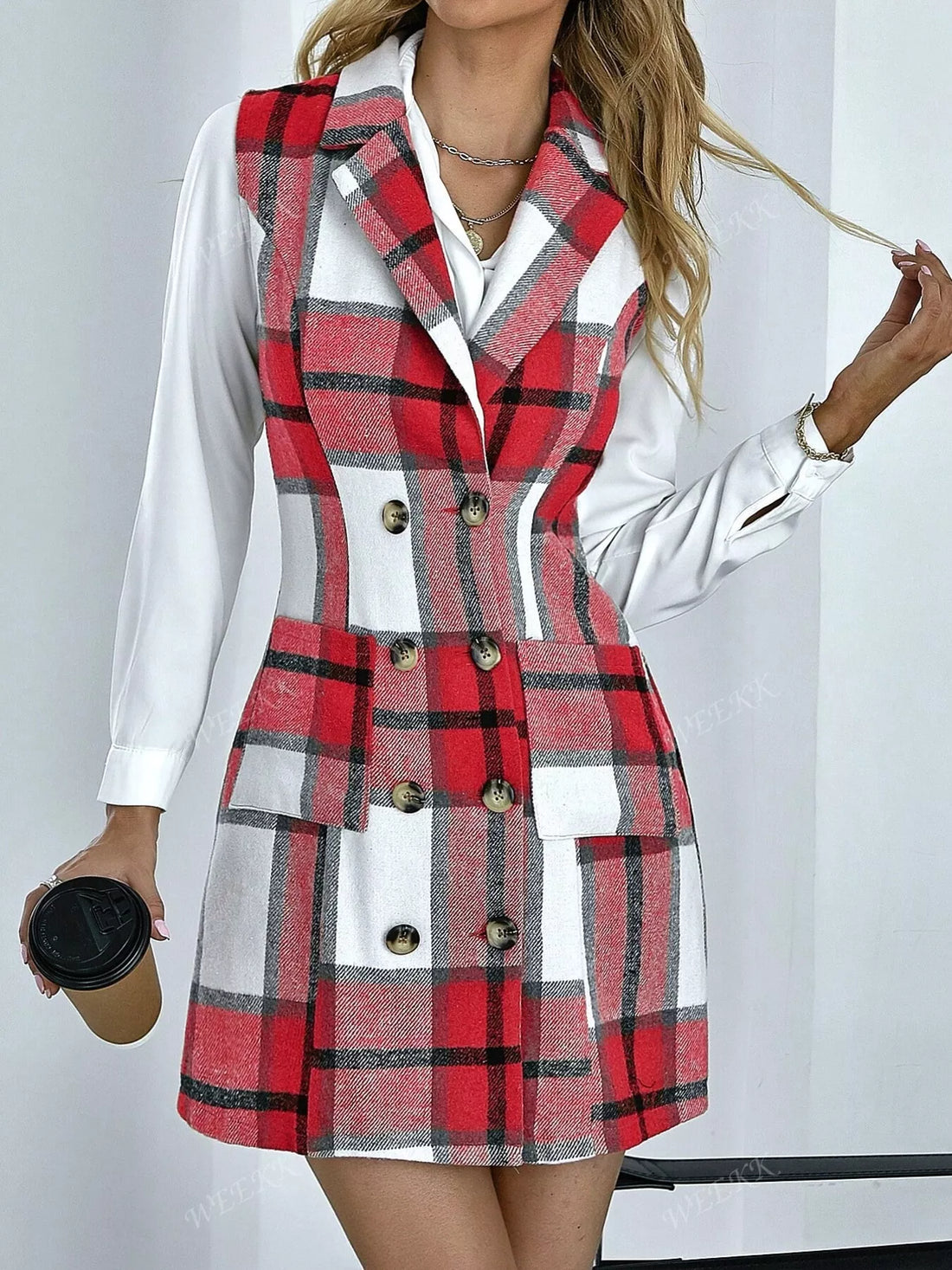 Plaid Double-Breasted Sleeveless Blazer Dress Red / S