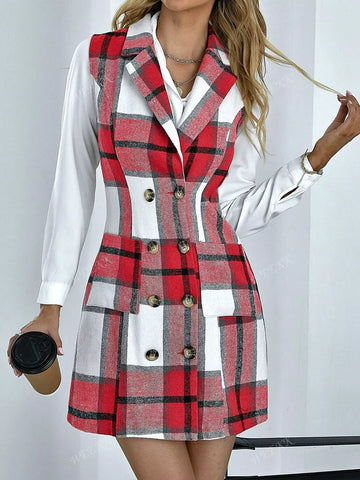 Plaid Double-Breasted Sleeveless Blazer Dress Red / S