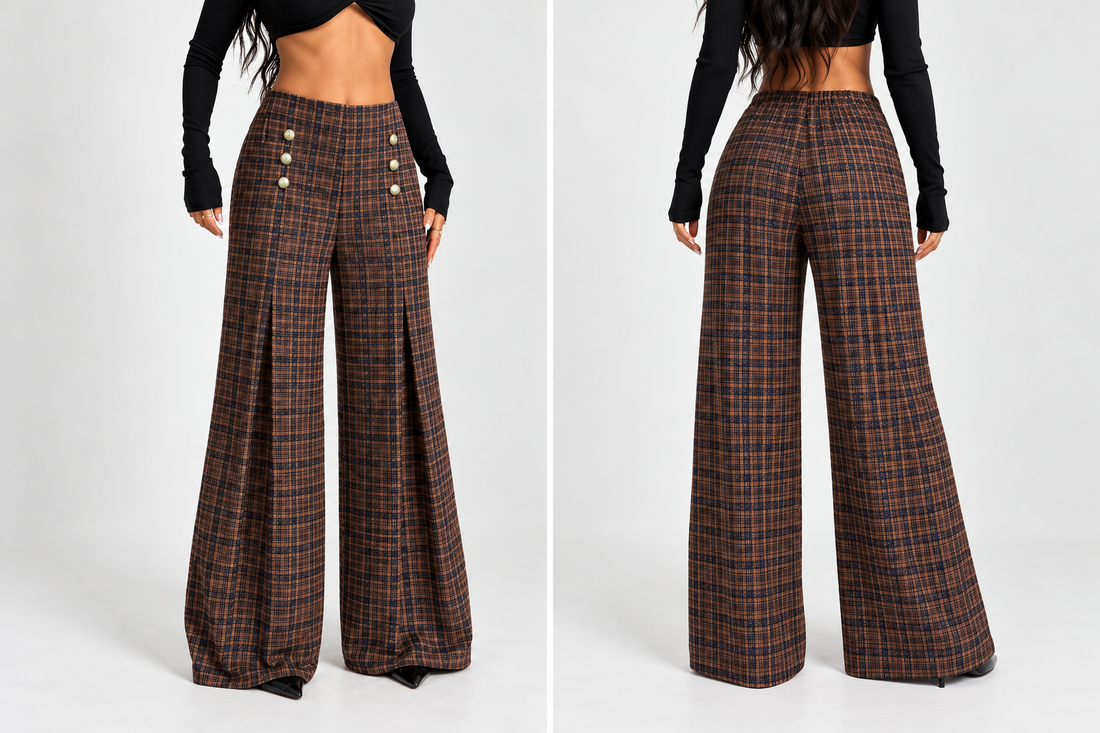 Plaid High-Waist Wide-Leg Pants Brown / XS