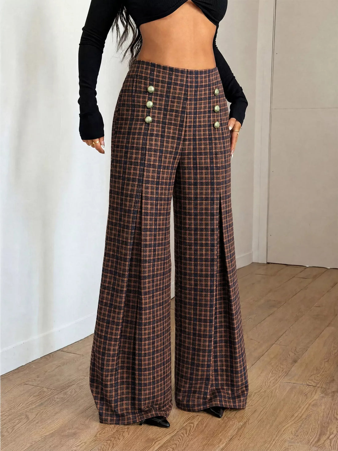 Plaid High-Waist Wide-Leg Pants Brown / XS