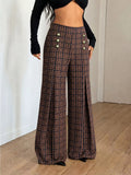 Plaid High-Waist Wide-Leg Pants Brown / XS