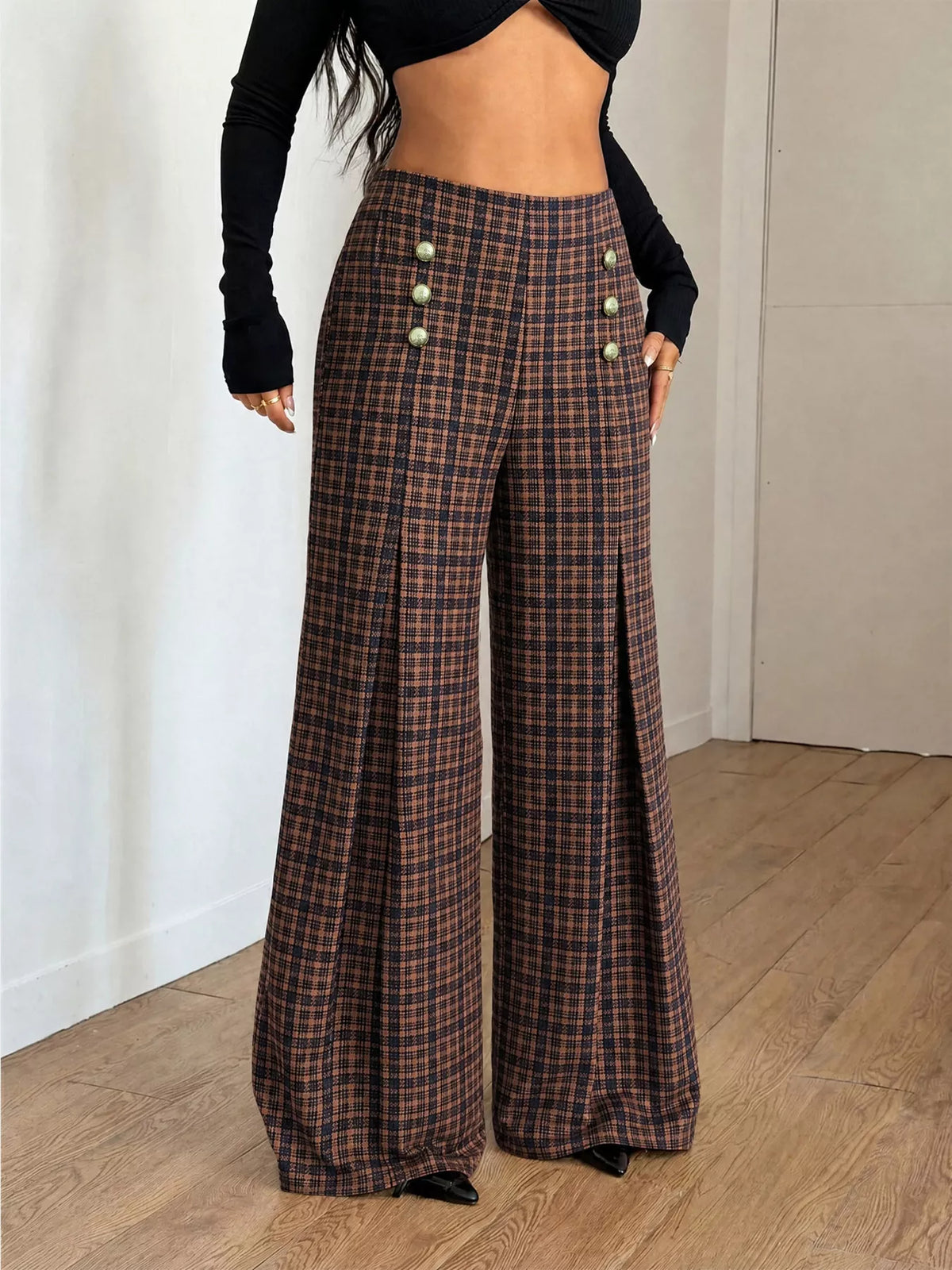 Plaid High-Waist Wide-Leg Pants Brown / XS