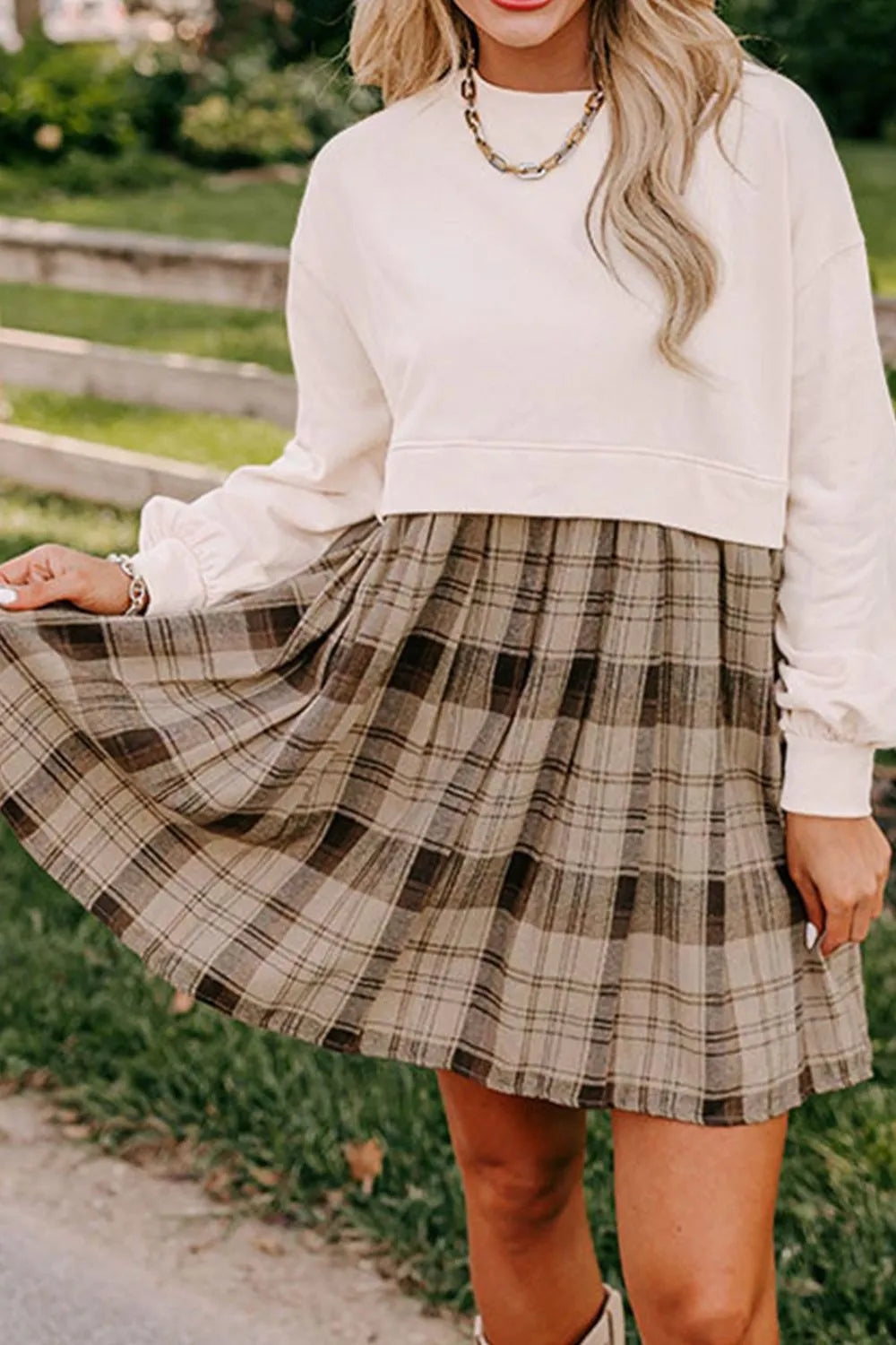 Plaid Round-Neck Long-Sleeve Mini Dress - product view 3