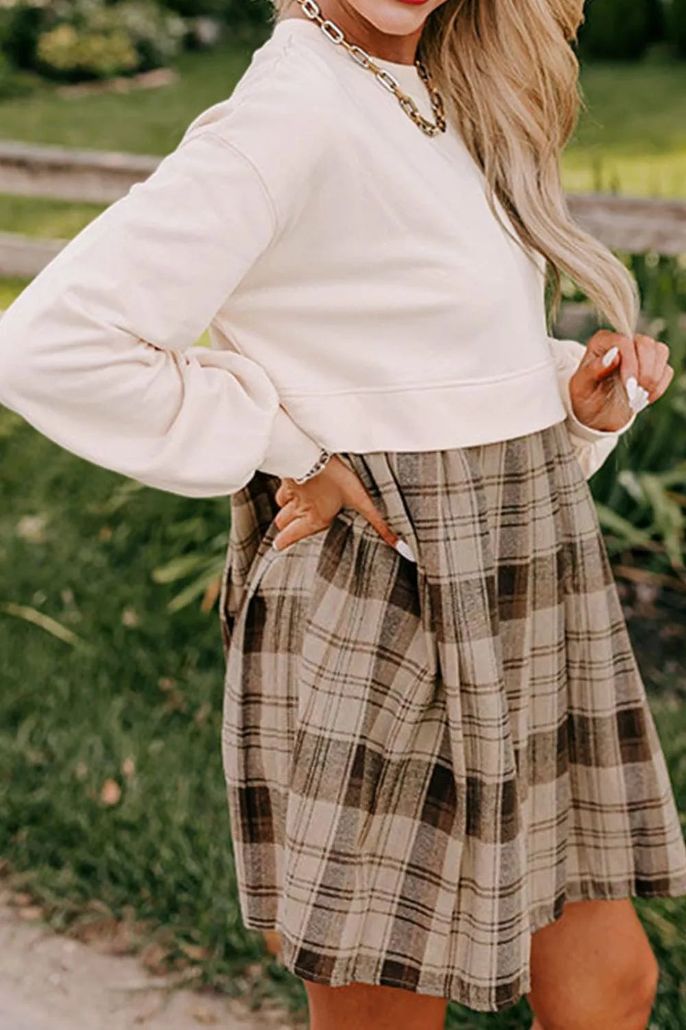Plaid Round-Neck Long-Sleeve Mini Dress - product view 5