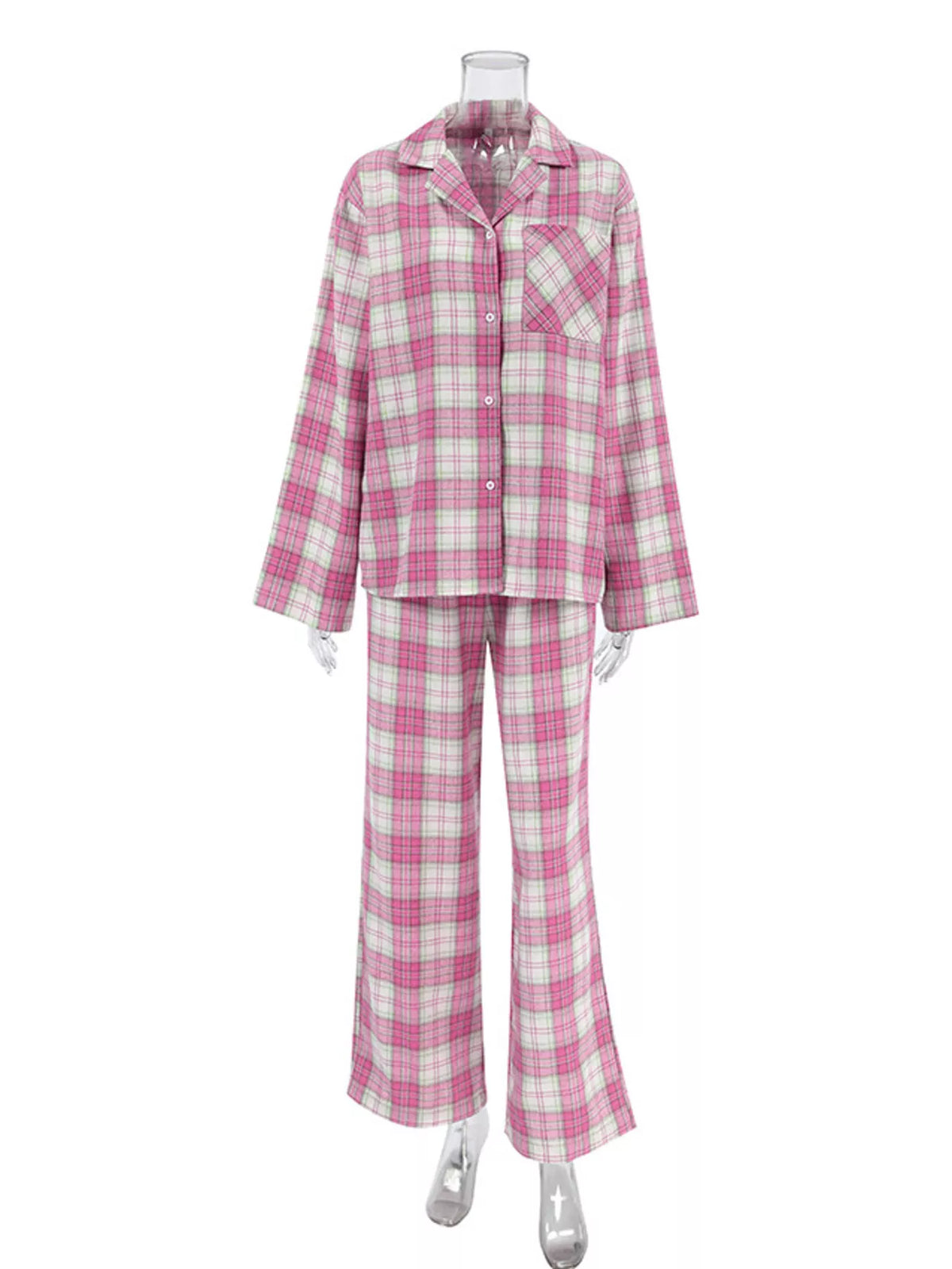 Plaid Long Sleeve Shirt and Pants Set