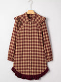 Plaid Print Ruffled Long Sleeve Patchwork Hem Mini Shirt Dress
