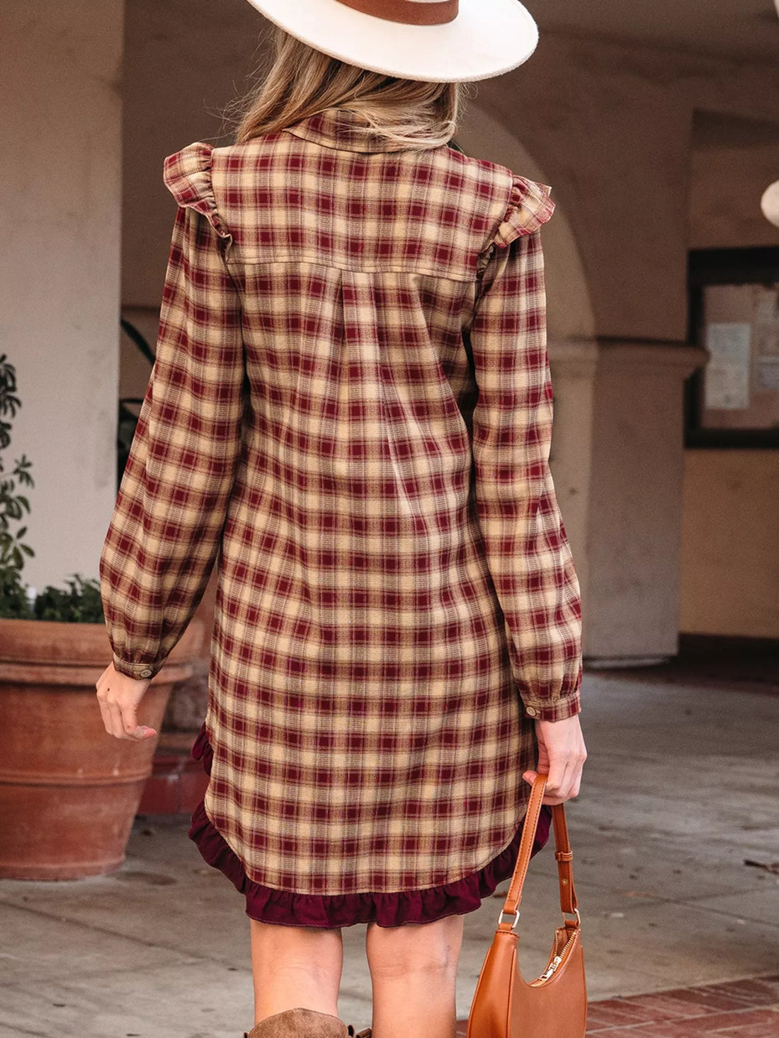 Plaid Print Ruffled Long Sleeve Patchwork Hem Mini Shirt Dress Brown / S