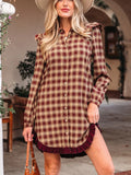 Plaid Print Ruffled Long Sleeve Patchwork Hem Mini Shirt Dress Brown / S