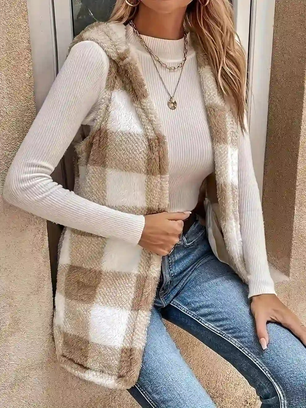 Plaid Sherpa Vest for Women