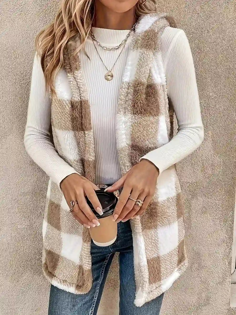 Plaid Sherpa Vest for Women