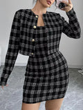 Plaid Tweed Crop Outerwear and Bodycon Mini Dress Two-Piece Set