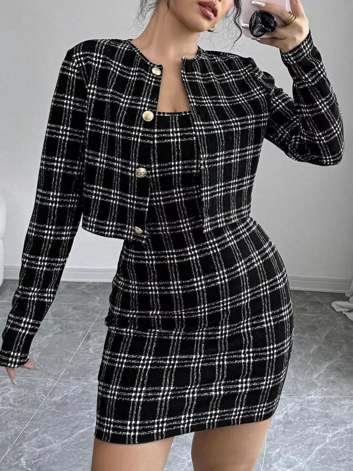 Plaid Tweed Cropped Jacket & Mini Dress Set
