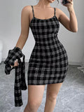 Plaid Tweed Crop Outerwear and Bodycon Mini Dress Two-Piece Set