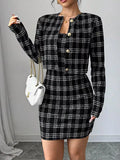 Plaid Tweed Crop Outerwear and Bodycon Mini Dress Two-Piece Set Black / S