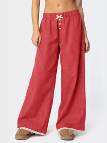 Plaid Lace-Detail Wide-Leg Pants
