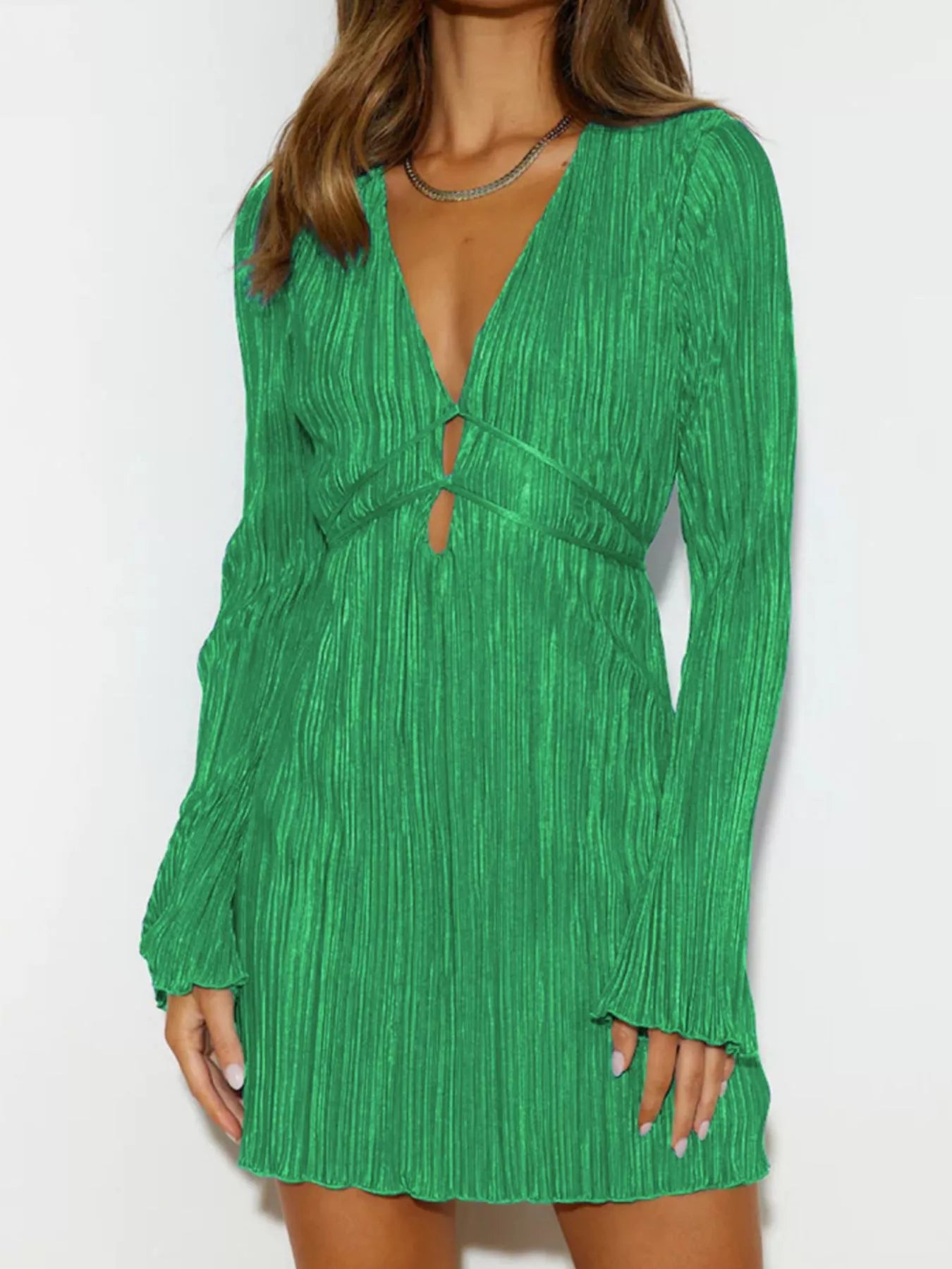 Cutout Flare Sleeve Mini Dress Green / S