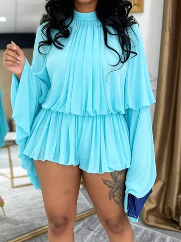Pleated Long Sleeve Top and Skirt Set Blue / S