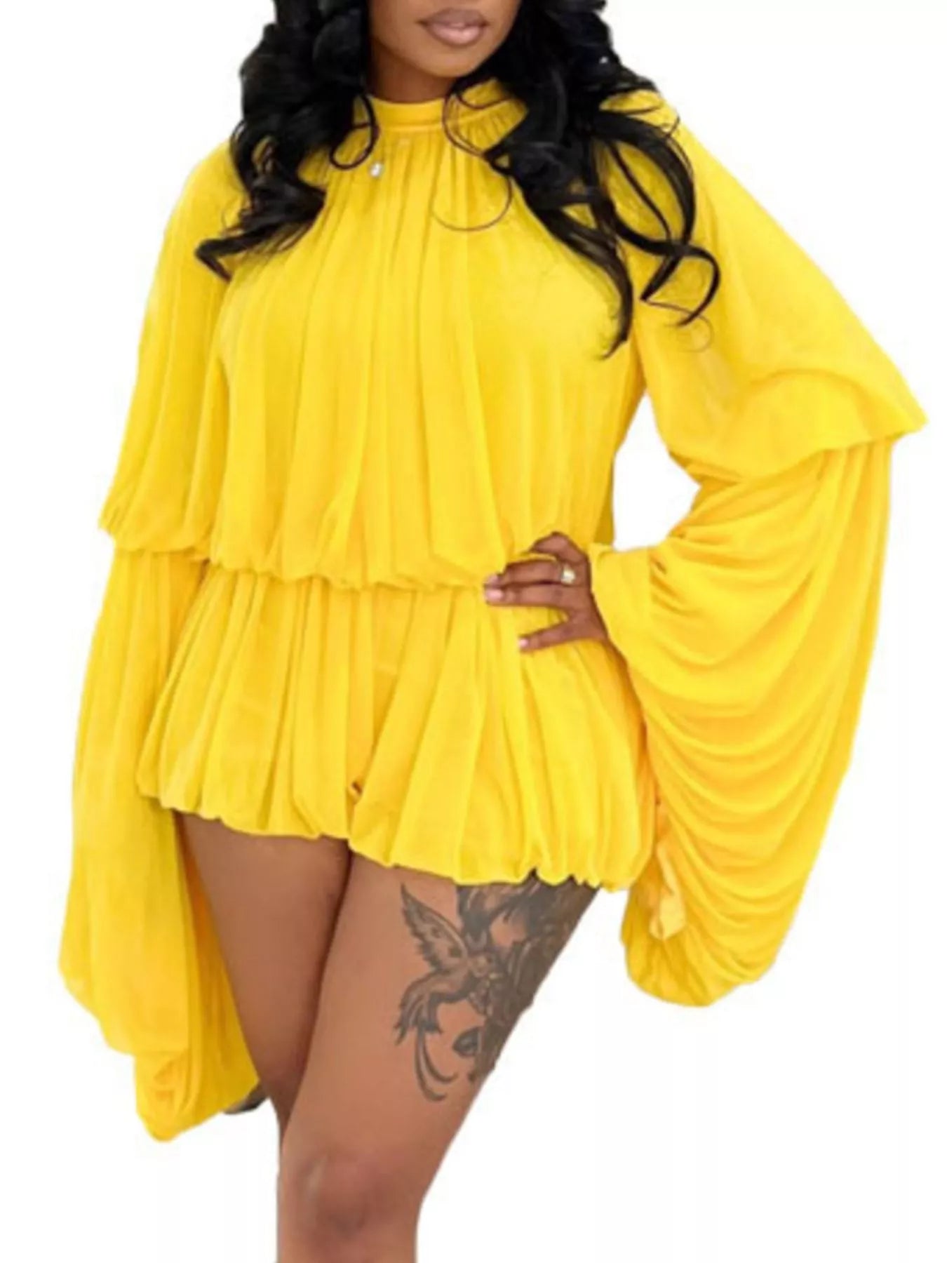 Pleated Long Sleeve Top and Skirt Set Yellow / S