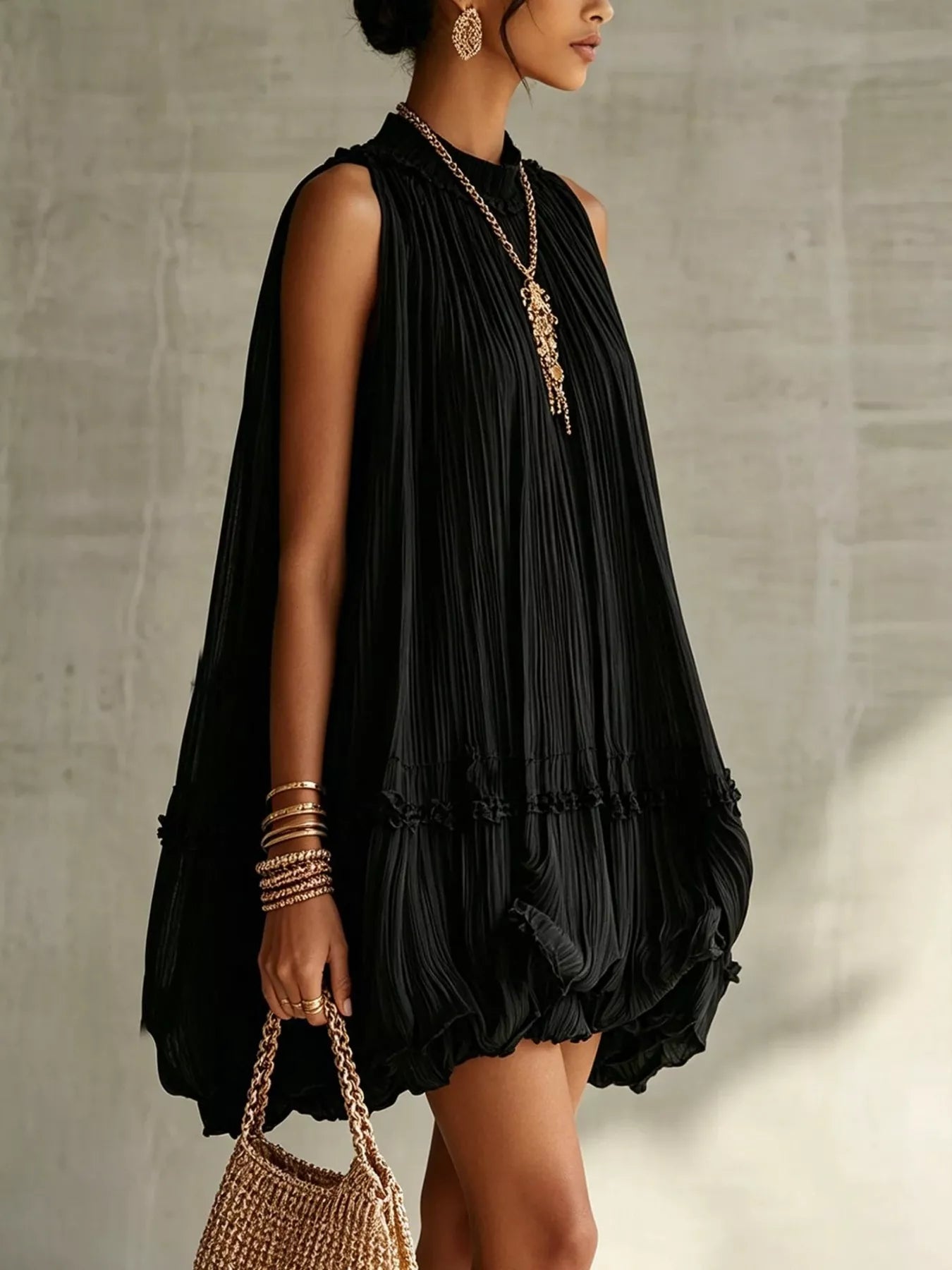 Pleated Mock-Neck Sleeveless Mini Dress - product view 9
