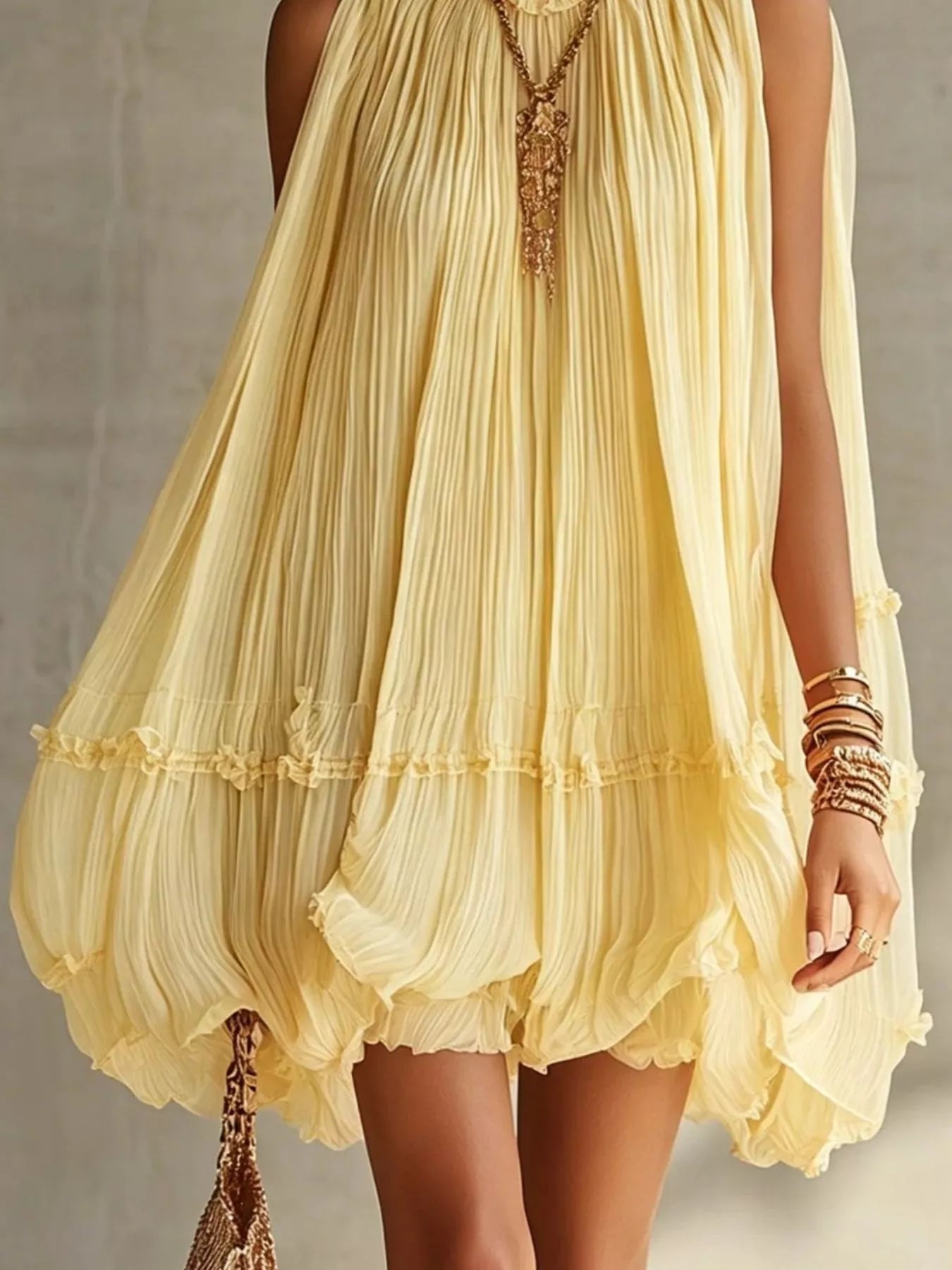 Pleated Mock-Neck Sleeveless Mini Dress - product view 6
