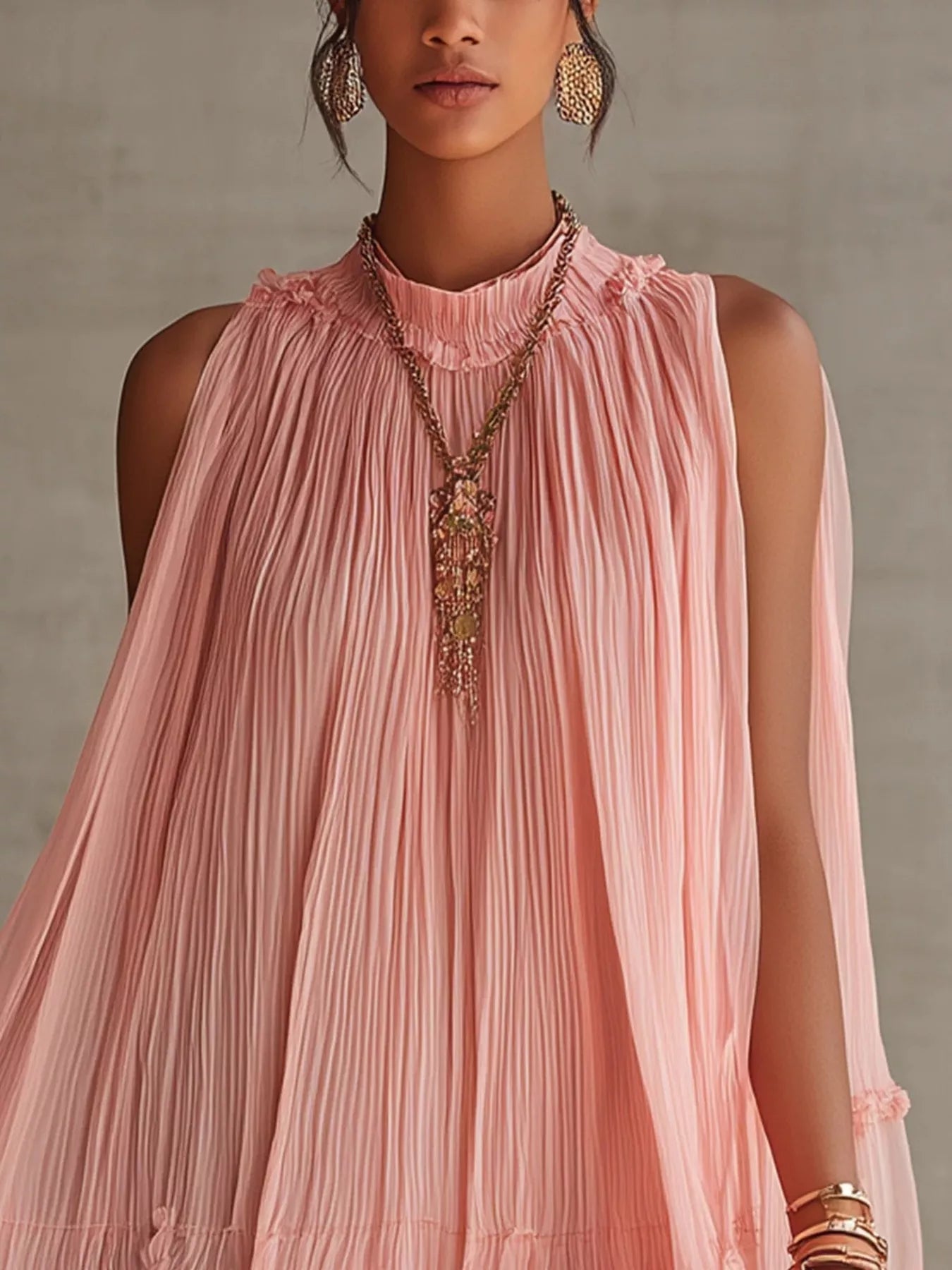 Pleated Mock-Neck Sleeveless Mini Dress - product view 3