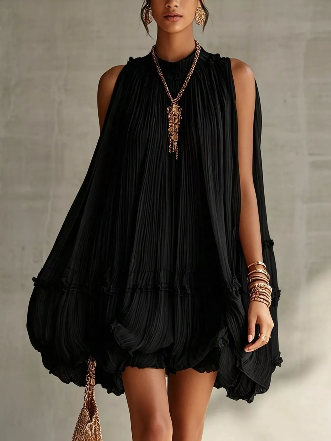 Pleated Mock-Neck Sleeveless Mini Dress - product view 7
