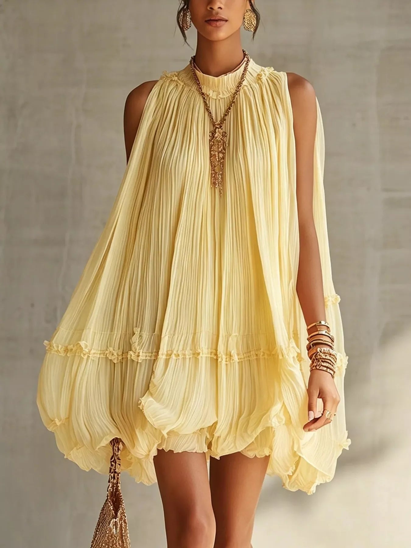 Pleated Mock-Neck Sleeveless Mini Dress - product view 4