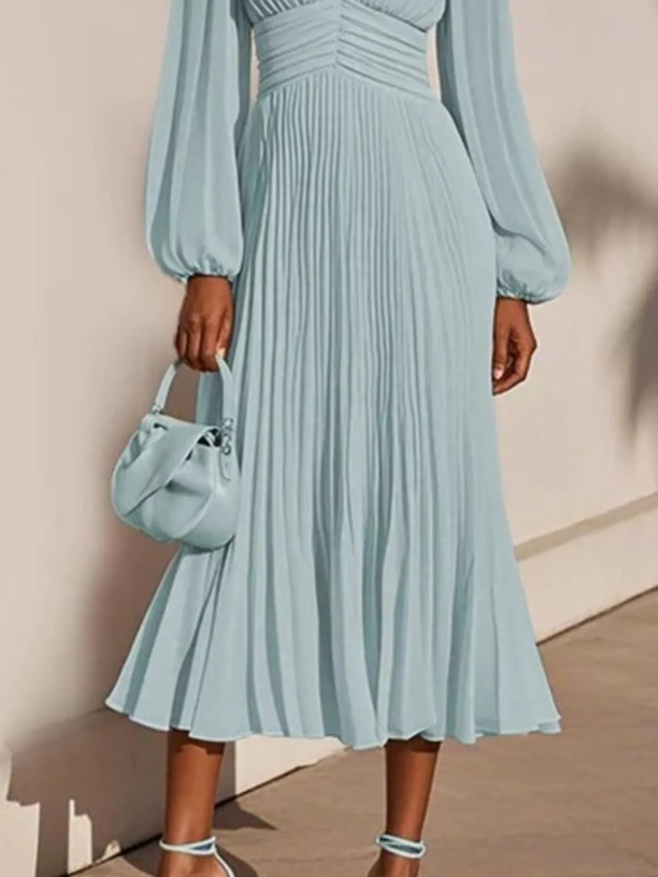 Pleated V-Neck Chiffon Midi Dress - product view 3