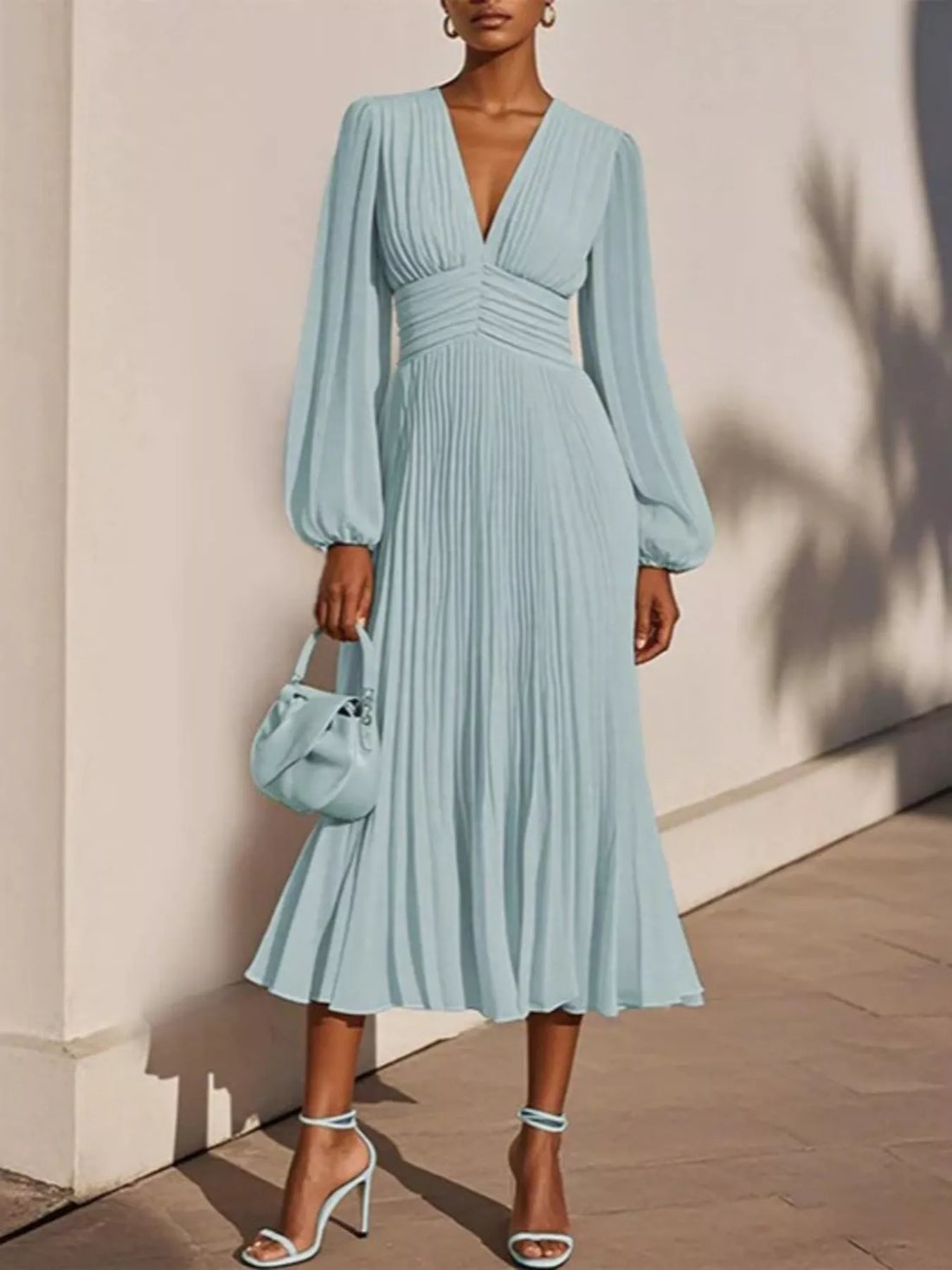 Pleated V-Neck Chiffon Midi Dress - product view 1